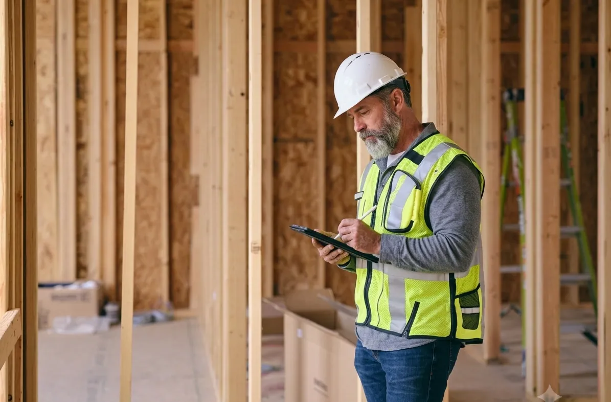 Contractor using ProjexPilot on a tablet at a jobsite